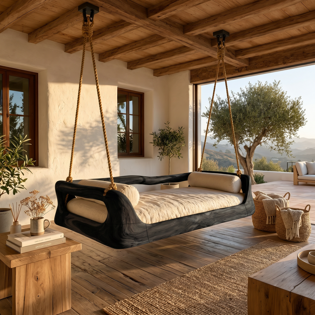 Sculptural Organic Wood Hanging Daybed Swing Penthouse Balcony