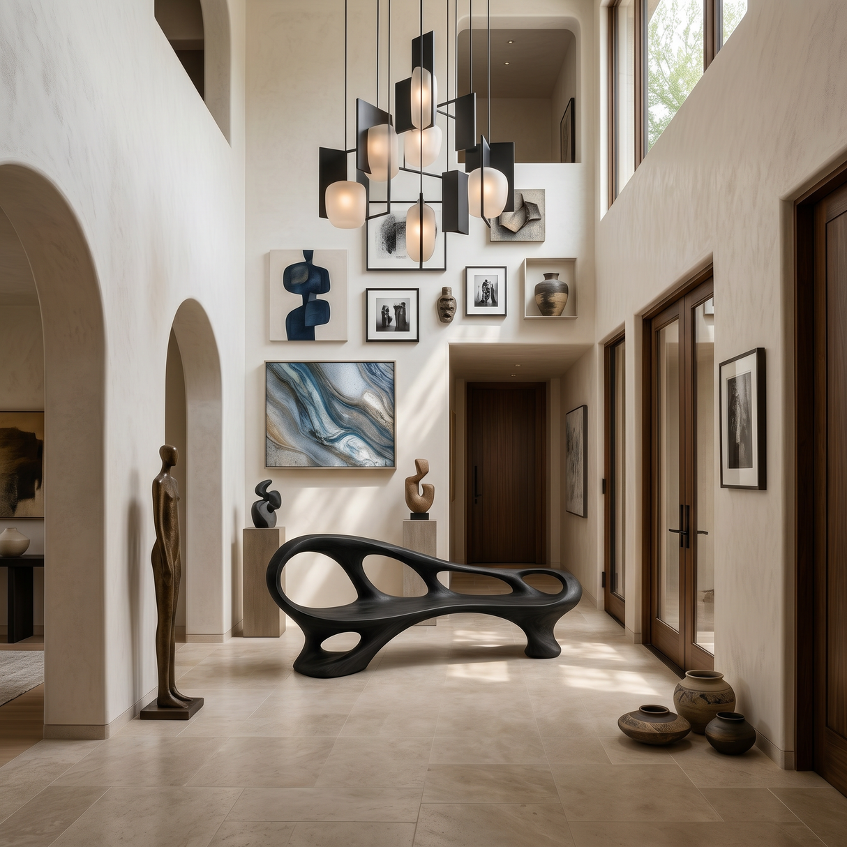 Organic Wooden Bench With Sculptural Continuous Frame For Entryway