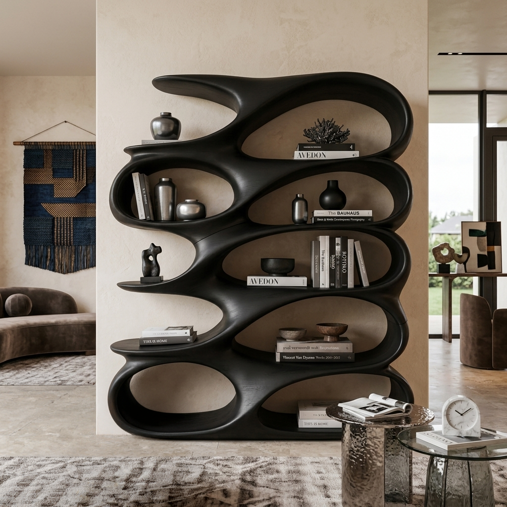 Modern Sculptural Bookshelf With Carved Flowing Shelves For Home