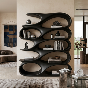 Modern Sculptural Bookshelf With Carved Flowing Shelves For Home