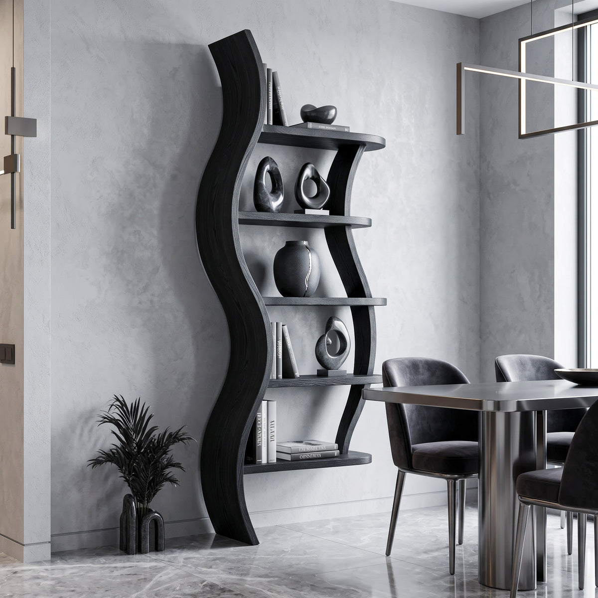 Modern Sculptural Bookshelf With Curved Design For Living Room