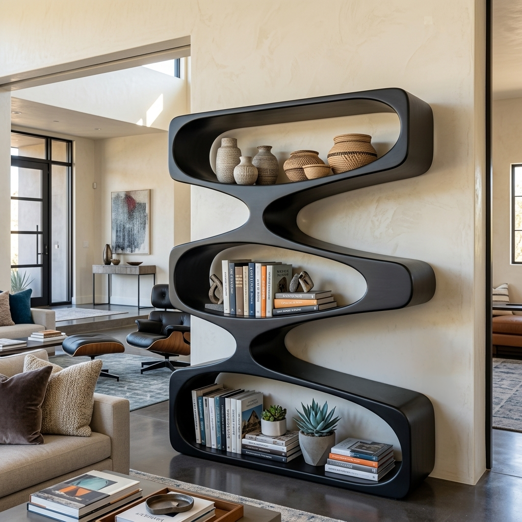 Organic Sculptural Bookshelf With 3 Tiers Storage For Living Room