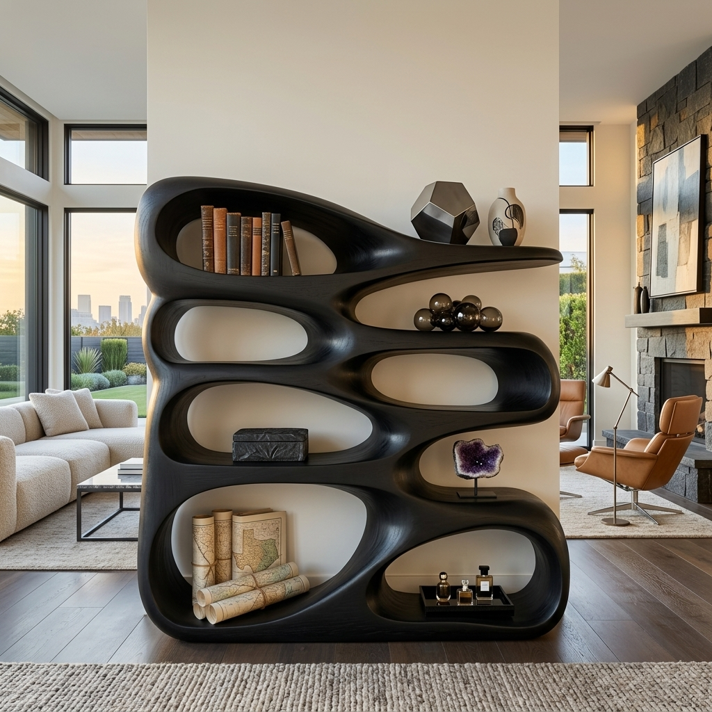 Wooden Bookshelf With Displaying Books And Collectibles For Living Room