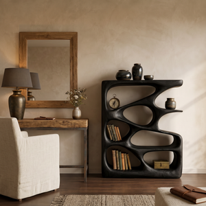 Designer Wooden Bookshelf With Sculptural Shelves For Decorative Accents