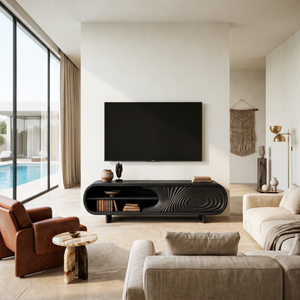 Modern Sculptural Wood TV Stand With Carved Door For Living Room