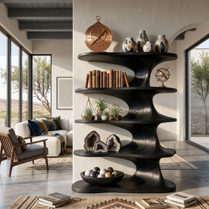 Modern Wooden Bookshelf With Flowing Organic Lines For Living Room