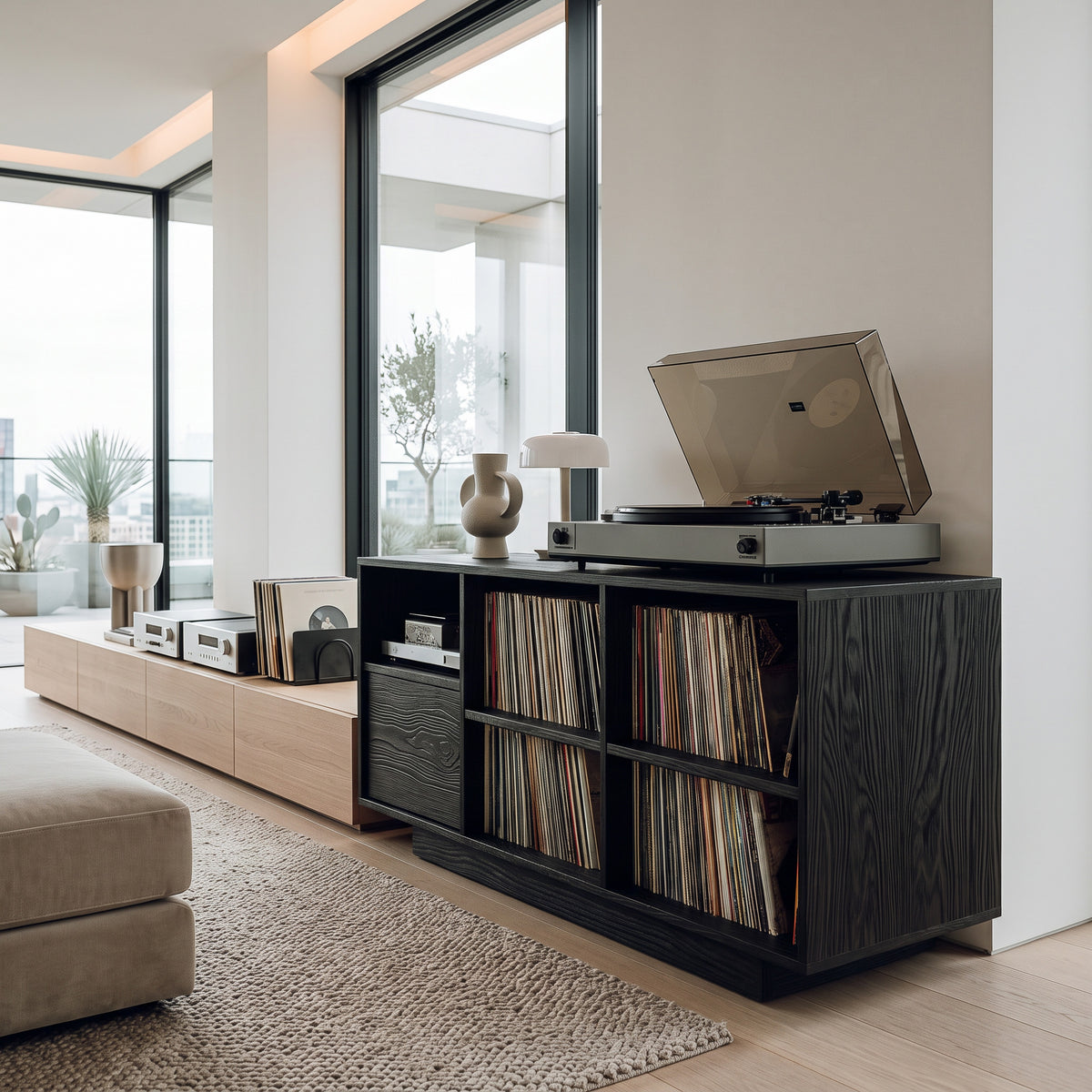 Elegant Vinyl Record Cabinet With Open Compartments For Living Room
