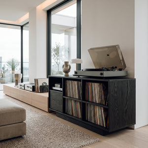 Elegant Vinyl Record Cabinet With Open Compartments For Living Room