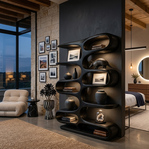 Contemporary Wooden Bookshelf With Sculptural Form For Living Room