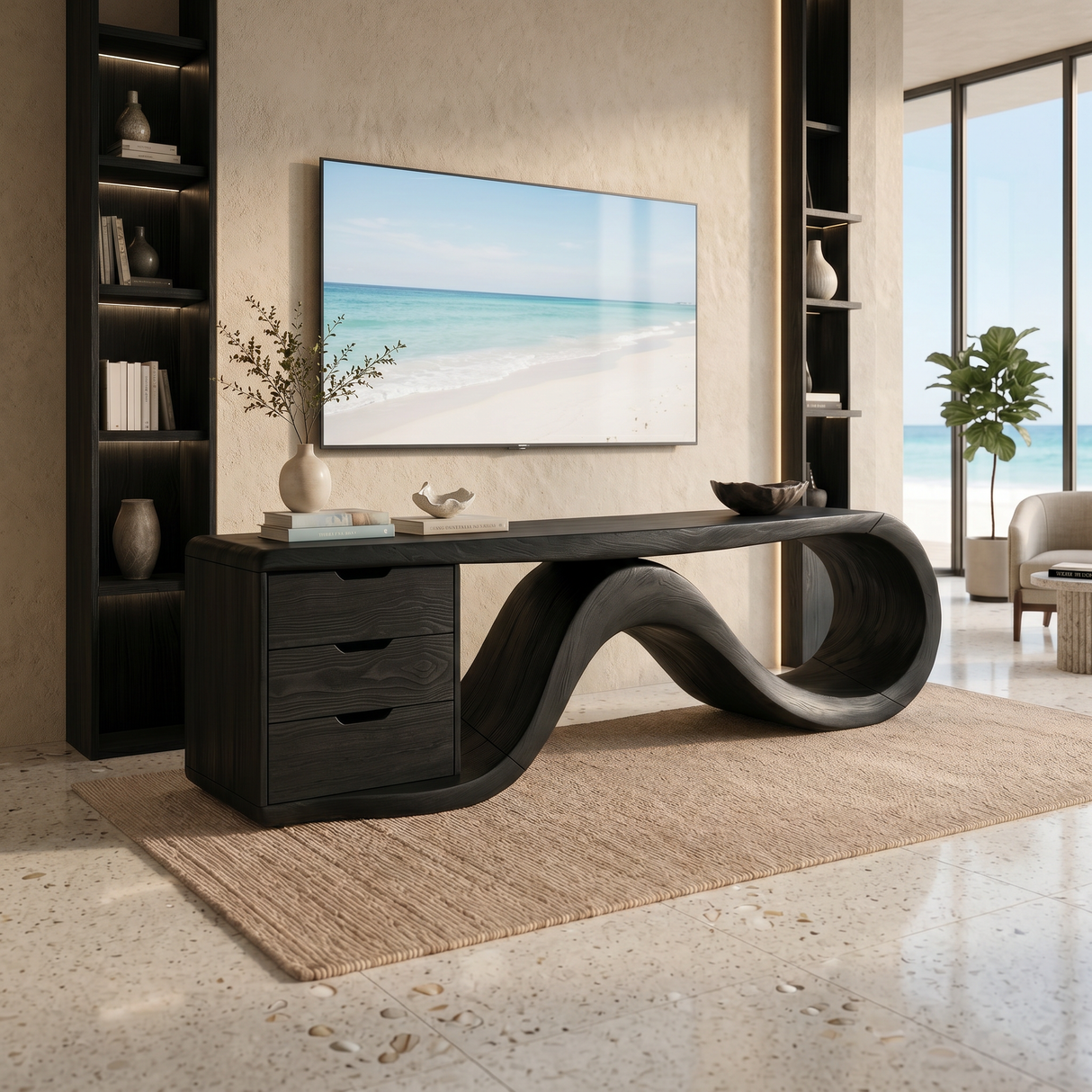 Wave Form Wooden Media Console Luxury Residence