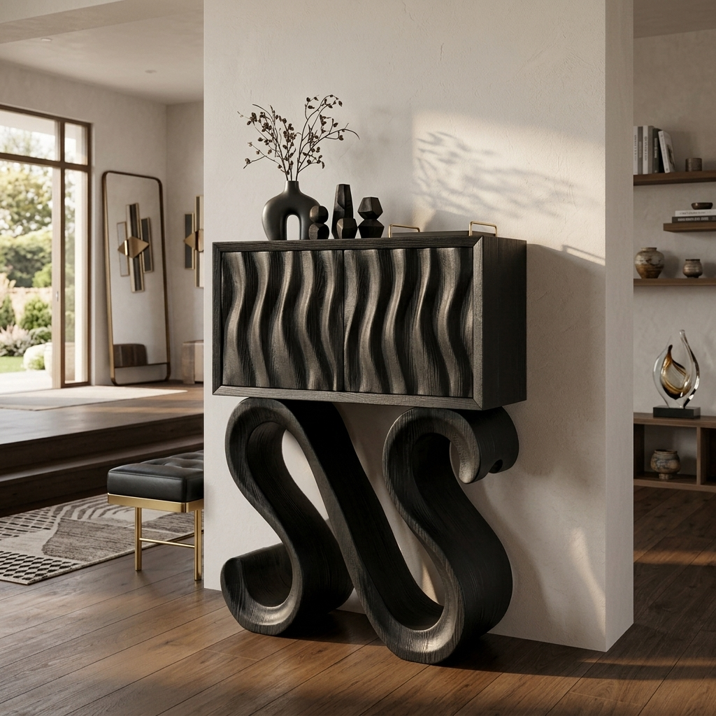 Contemporary Wood Console Table With Sculptural Undulating Legs For Home
