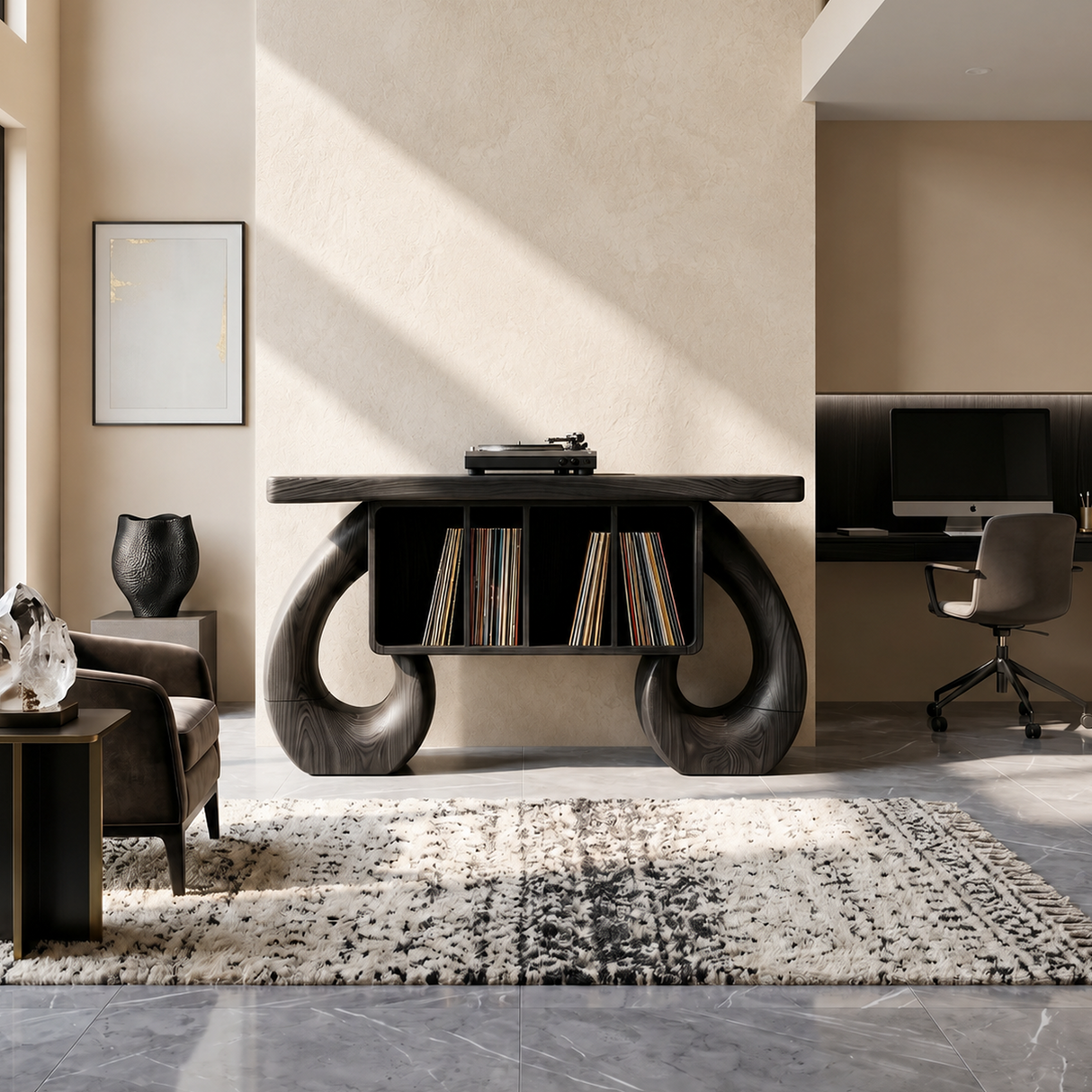 Sculptural Loop Record Player Console Contemporary Interior