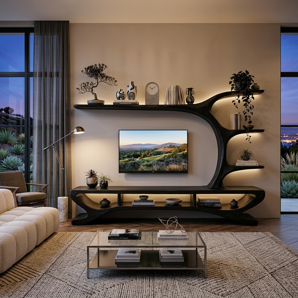 Mid Century Wooden TV Stand Sculptural Design For Living Room
