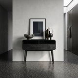 Mid Century Rounded Console Table With Two Compartments For Entryway