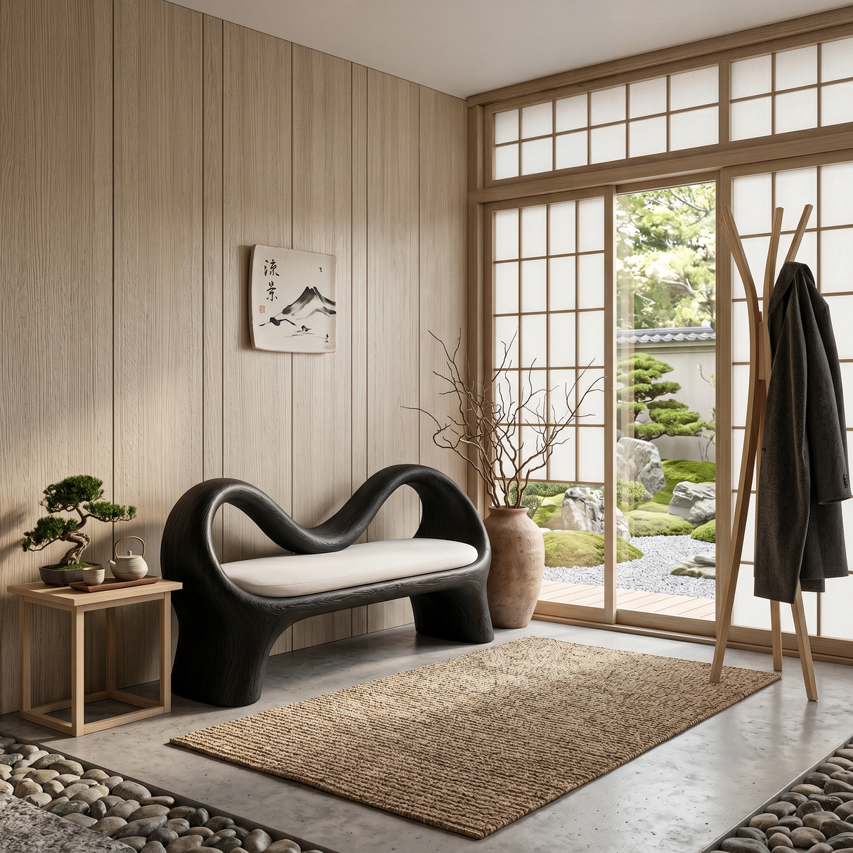 Handcrafted Bench With Undulating Backrest For Organic Entryway