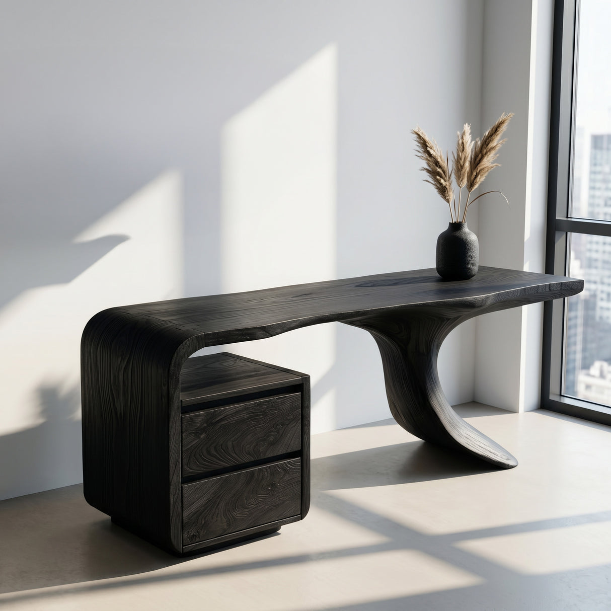 Modern Wooden Desk With Unique Curved Base For Workspace