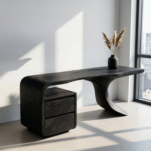 Modern Wooden Desk With Unique Curved Base For Workspace