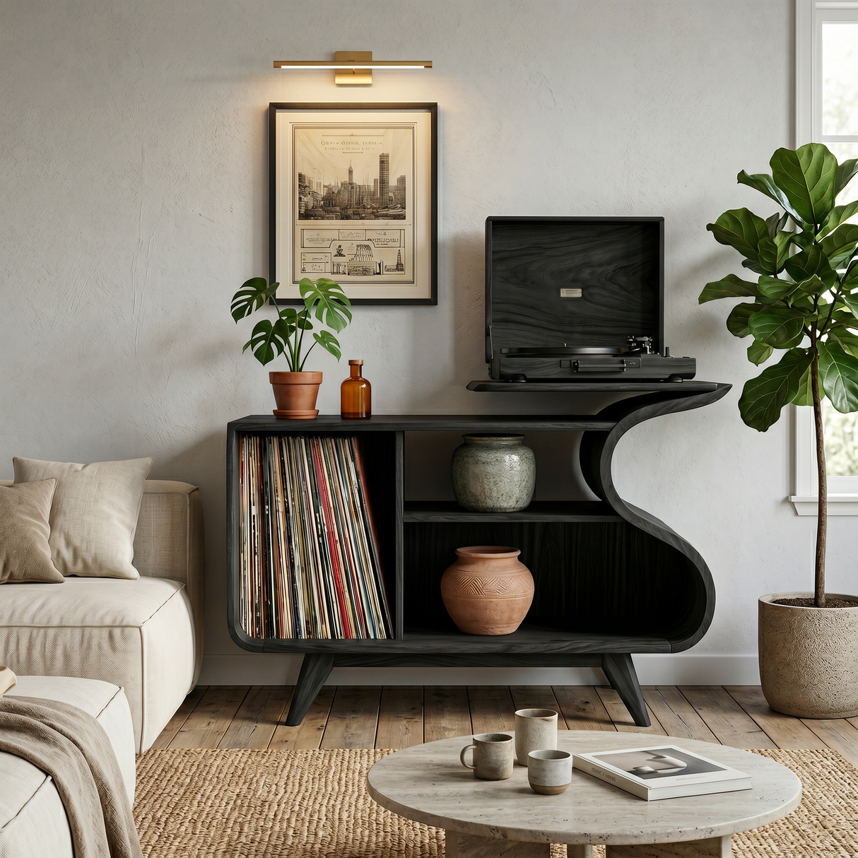 Wooden Record Player Cabinet With Integrated Shelving For Living Room
