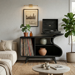 Wooden Record Player Cabinet With Integrated Shelving For Living Room
