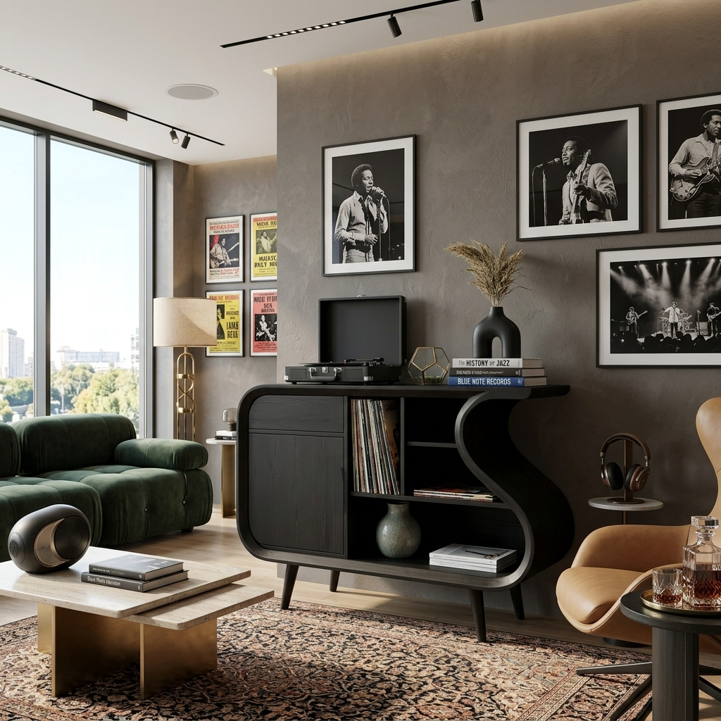 Modern Record Player Stand With S-shaped Side For Living Room