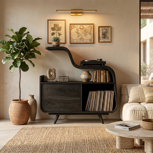 Organic Record Player Cabinet With Unique Curved Shelf For Home