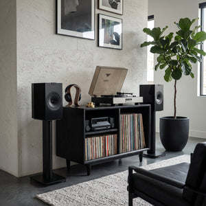 Minimalist Record Player Cabinet With Three Open Shelves For Home