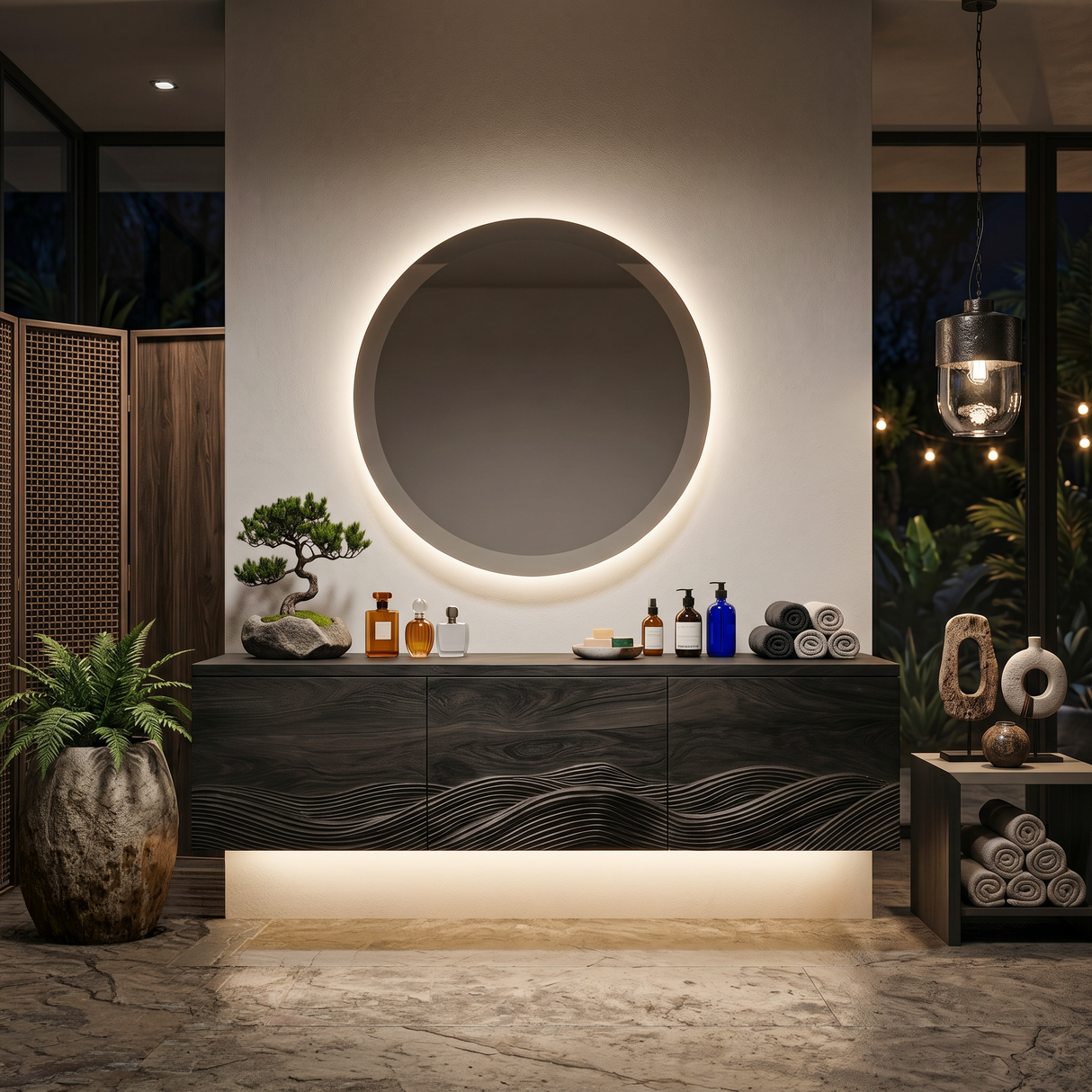 Handcrafted Bathroom Vanity With Wave Relief Wood Cabinet For Bathroom