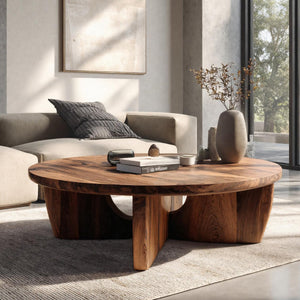 Round Wooden Coffee Table Unique Base Design For Home
