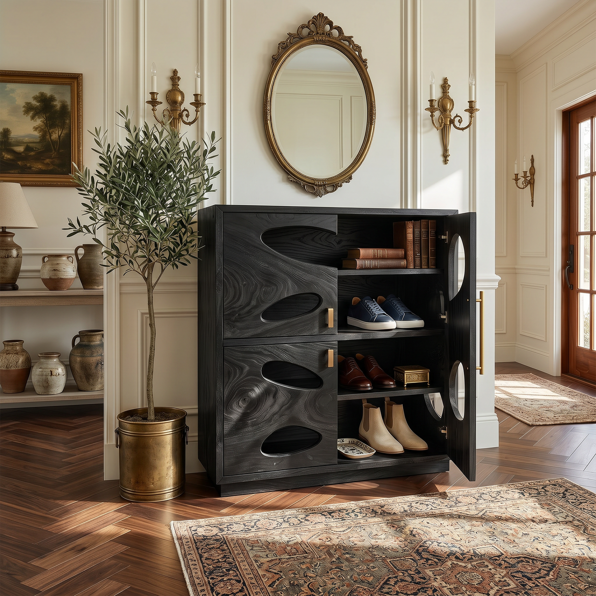 Mid Century Tall Shoe Storage Rack For Foyer Entryway Placement