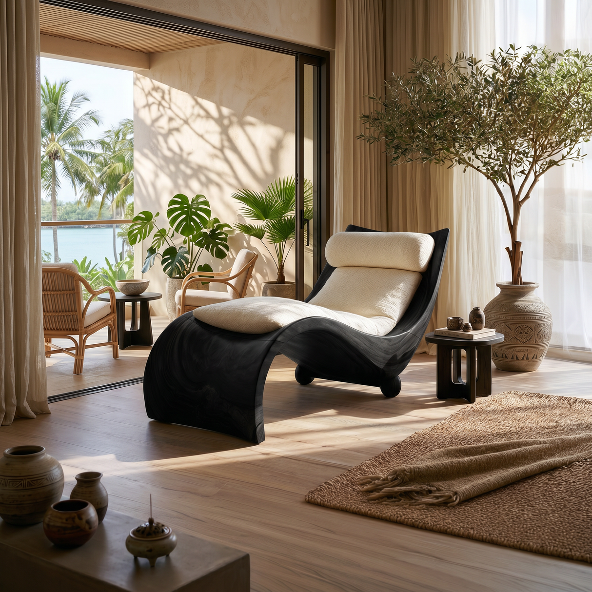 Curved Walnut Chaise Lounge Luxury Contemporary Living Room Decor
