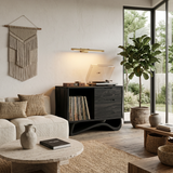 Contemporary Wooden Record Player Stand With Curved Base For Home