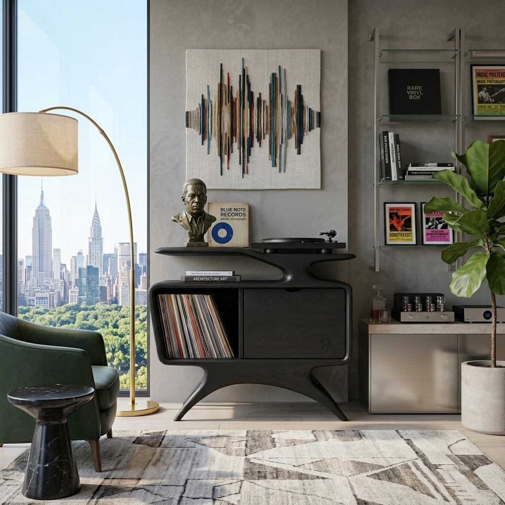 Handcrafted Wooden Record Cabinet With Shelving For Living Room
