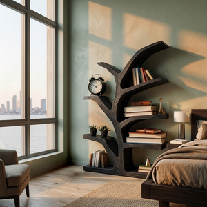 Wooden Bookshelf With Organic Form For Living Area