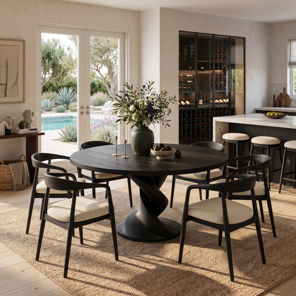 Contemporary Round Dining Table With Twisted Pedestal For Dining Room