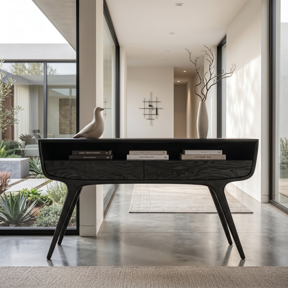 Mid Century Curved Console Table With Drawers For Entryway