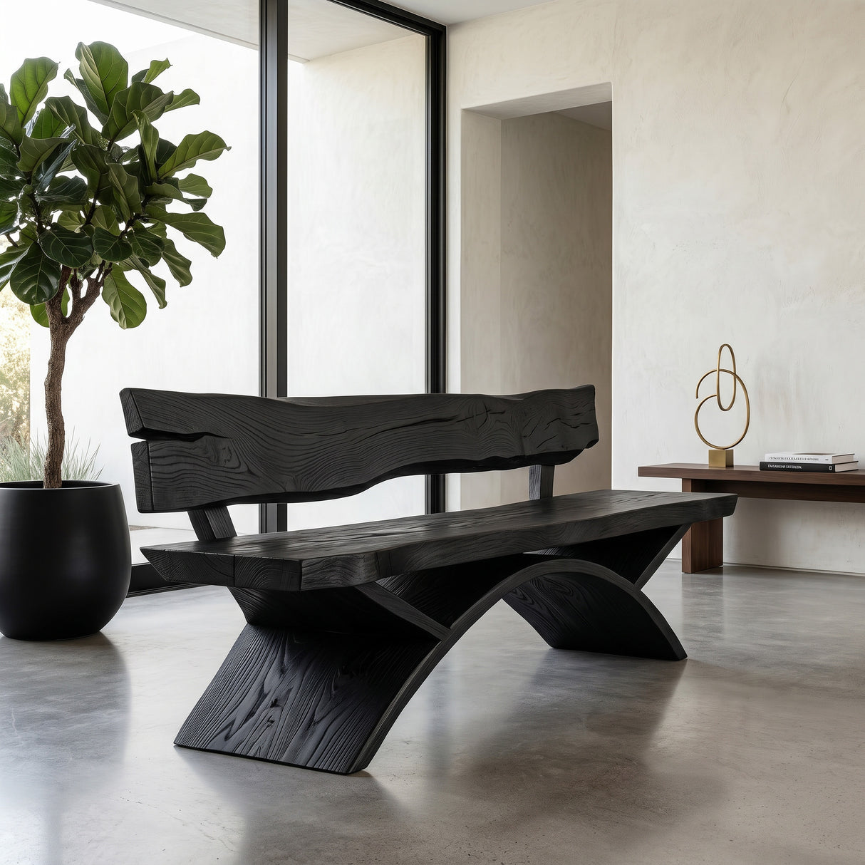Organic Live Edge Bench With Sculptural Base For Entryway
