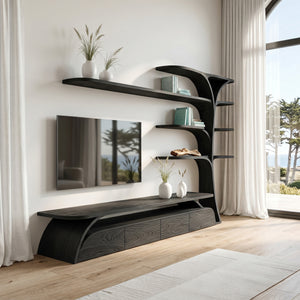 Organic Wooden TV Stand With Display Shelves For Living Room