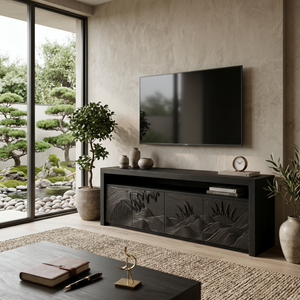 Organic TV Stand With Mountain Relief Doors For Contemporary Living