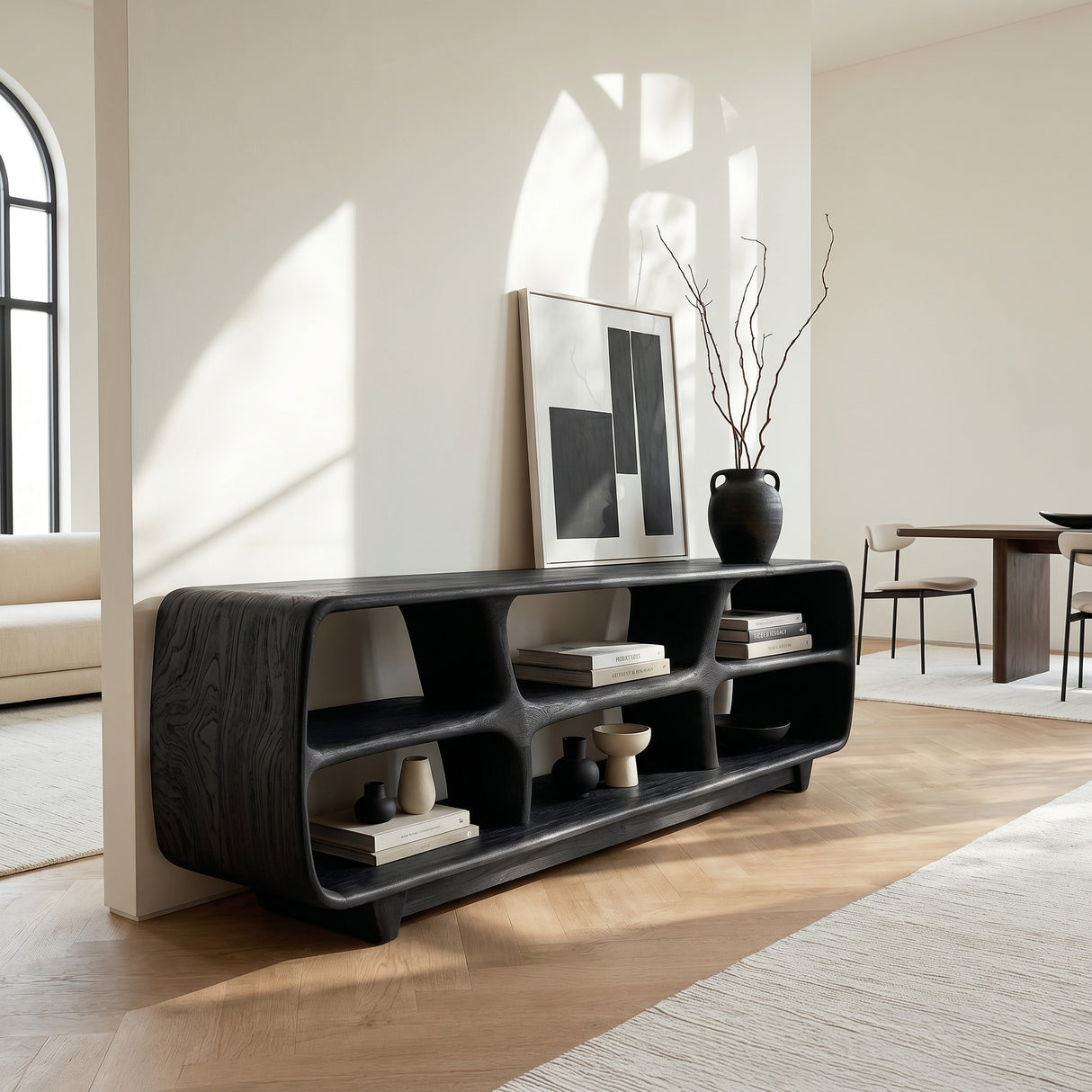 Contemporary Wooden Bookshelf With Six Display Compartments For Living Room