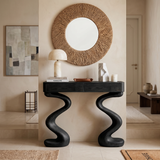 Contemporary Wood Console Table With Undulating Double Base For Home