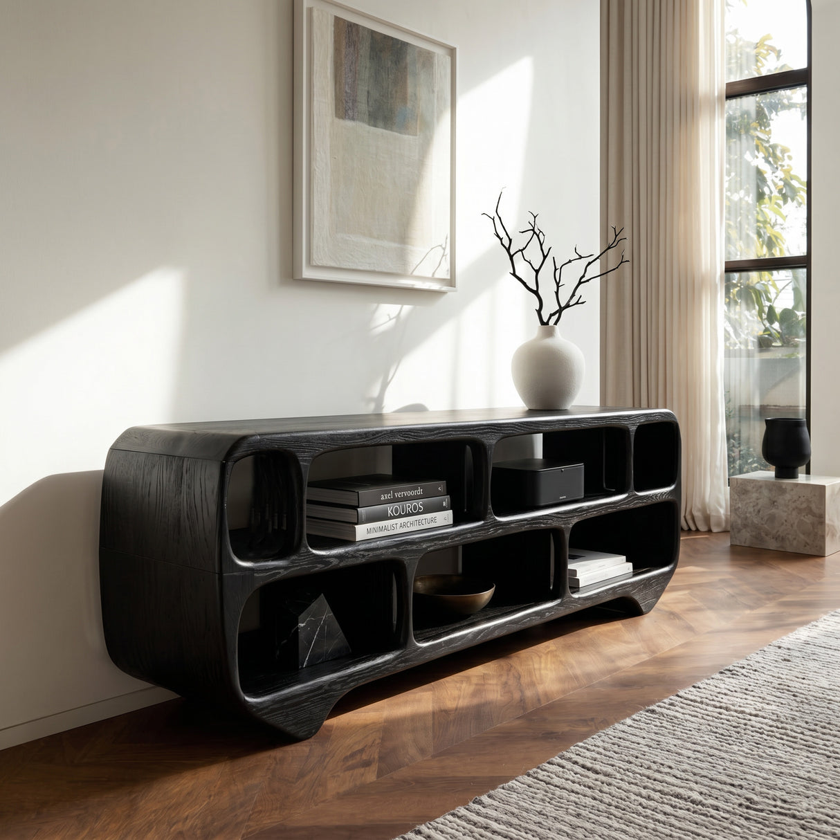 Organic Modern Rounded Low Bookshelf For Living Room