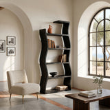 Contemporary Wooden Wavy Bookshelf With Multi Display Tiers For Living