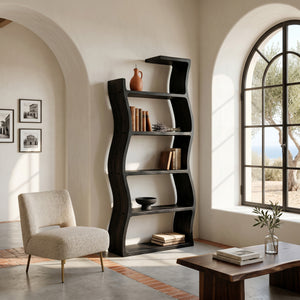 Contemporary Wooden Wavy Bookshelf With Multi Display Tiers For Living