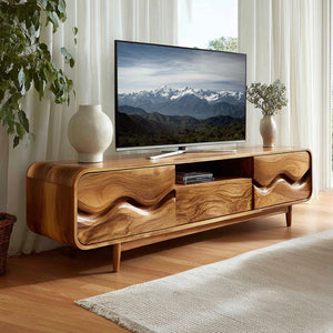 Mid Century Wood TV Cabinet With Wavy Pattern For Living