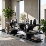 Sculptural Low Bookshelf With Multi Display Compartment For Living Room