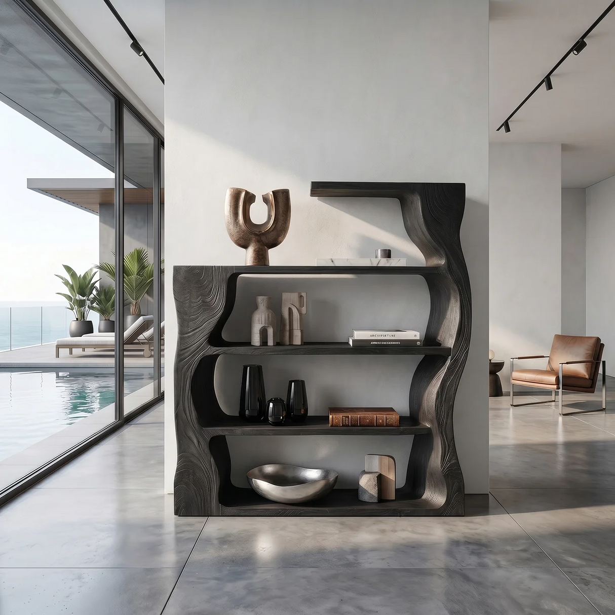 Organic Modern Wooden Bookshelf With Asymmetrical Curved Profile