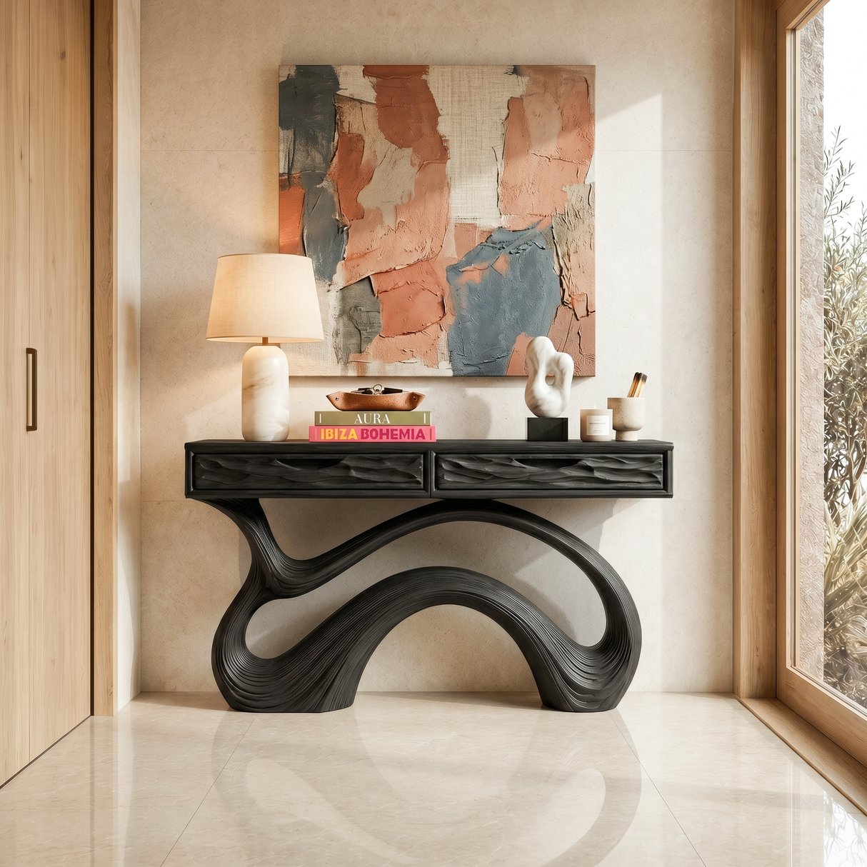 Wooden Console Table With Carved Curved Base For Contemporary Entryway