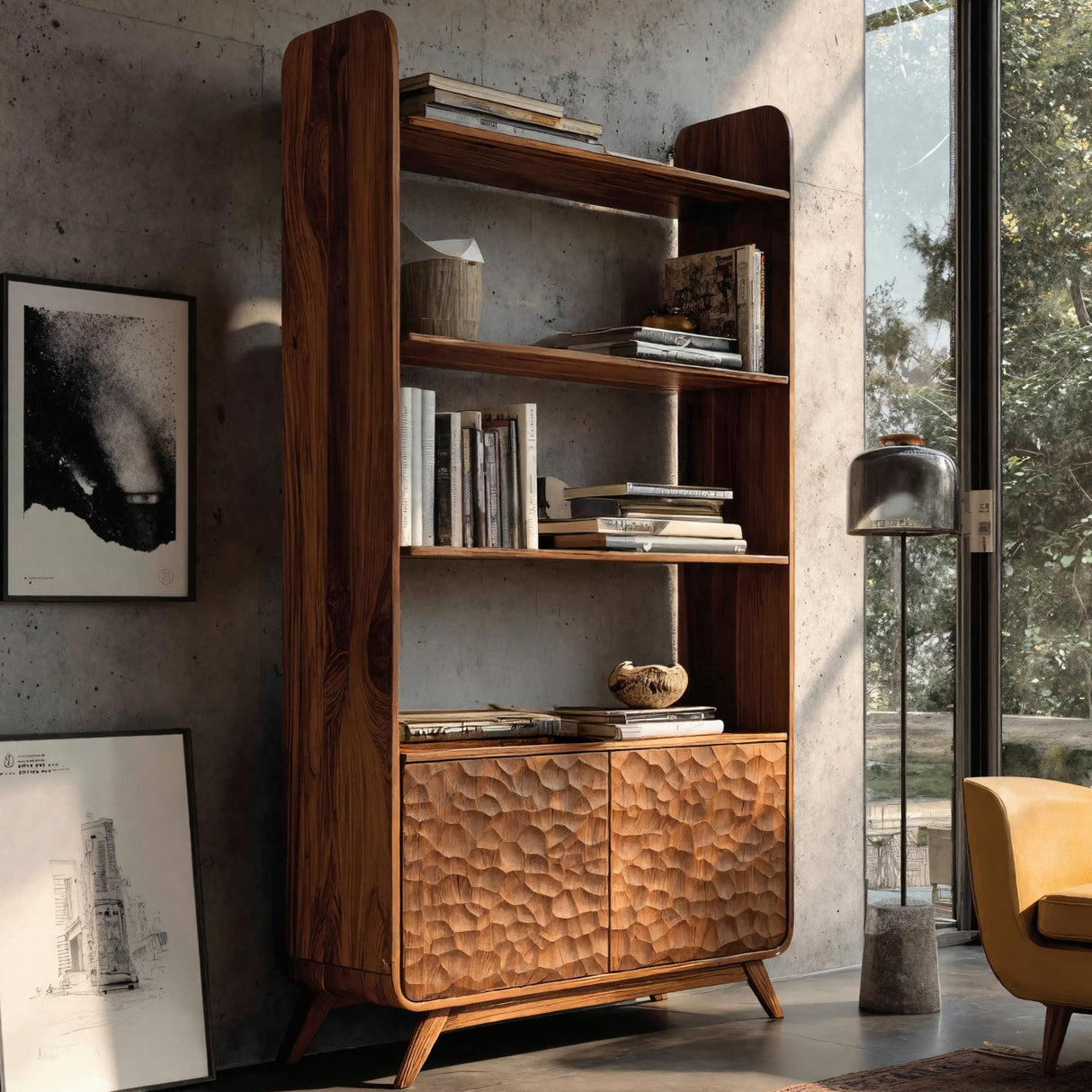 Luxury Solid Wood Bookshelf With Sculpted Door Panels