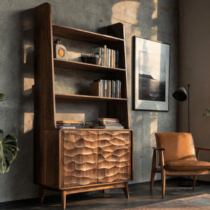 Modern Wooden Bookshelf With Carved Cabinet Doors For Home