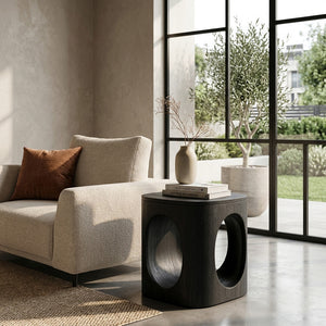 Geometric Carved Natural Wood Side Table For Living Room